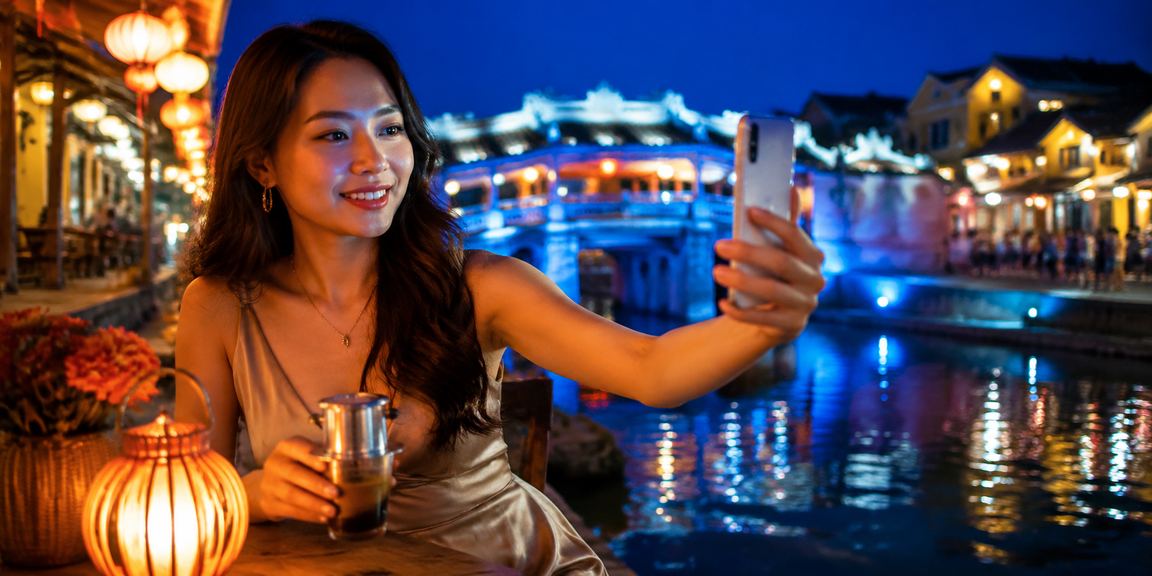 Người dùng tại Hội An thưởng thức cafe và chơi casino trên điện thoại qua ứng dụng fe8bet