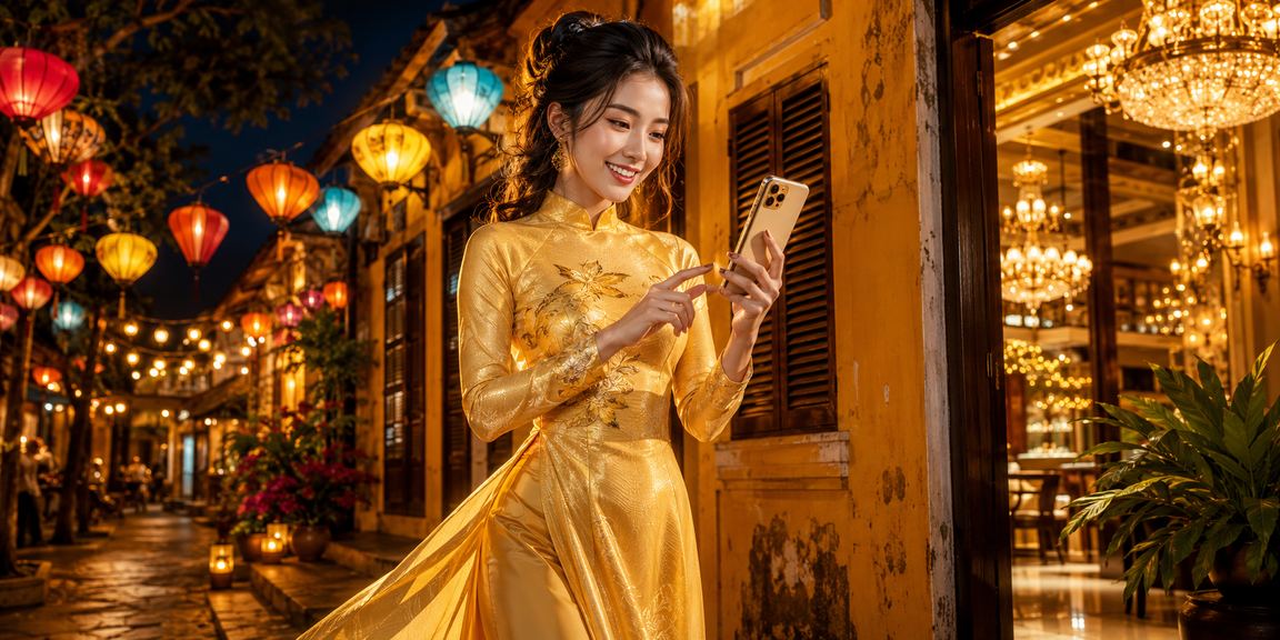 Cô gái áo dài Hội An thưởng thức slot game trên điện thoại trong không gian phố cổ